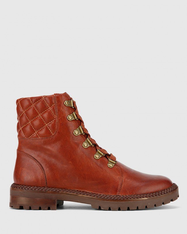 Wittner Bentleigh Rust Leather Quilted Collar Lace Up Ankle Boot