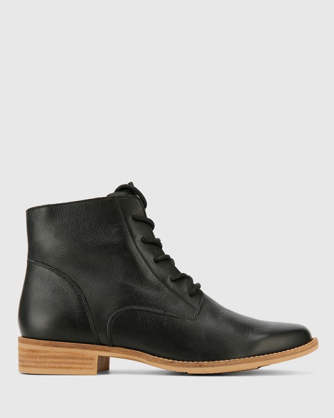 Wittner Carver Black Leather Lace Up Flat Ankle Boot