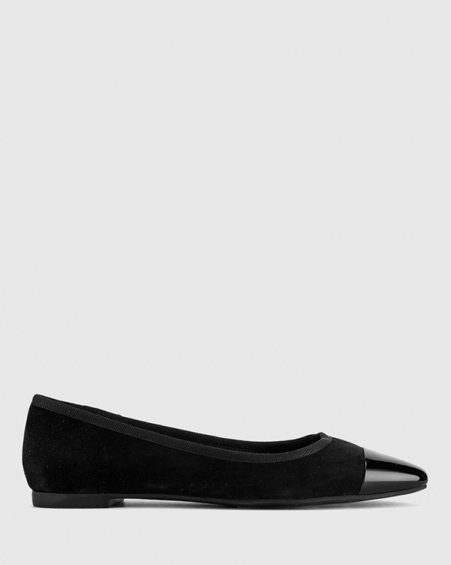 Wittner Ellie Black Suede/Patent Leather Flat Snib Toe Casual Shoe