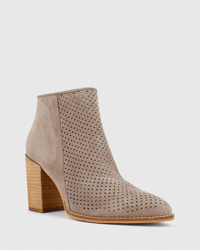 Wittner Haruko Stone Suede Perforated Block Heel Ankle Boot