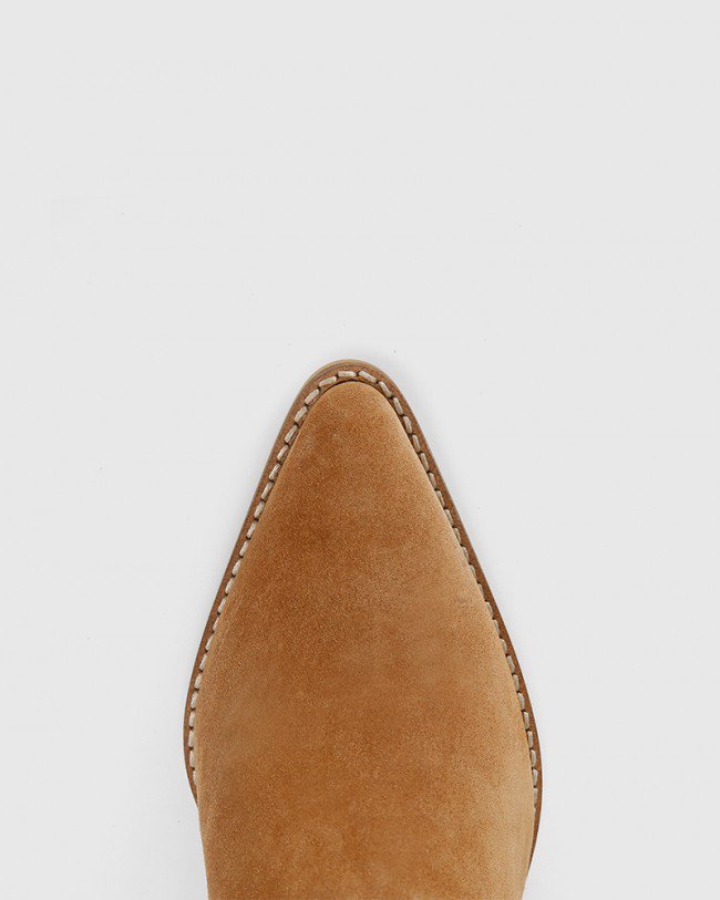 Wittner Keisha Caramel Suede Leather Pointed Toe Block Heel Bootie