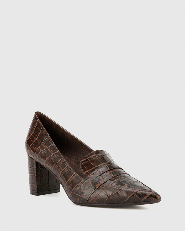 Wittner Donner Chocolate Crocodile Print Leather Block Heel Pointed Pump