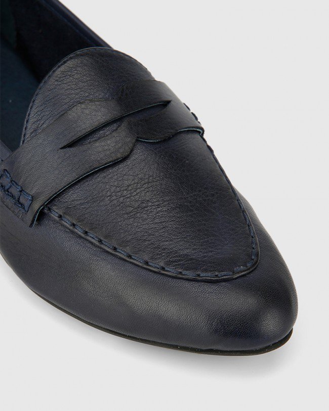 Wittner Austin Navy Leather Almond Toe Flat Penny Loafer