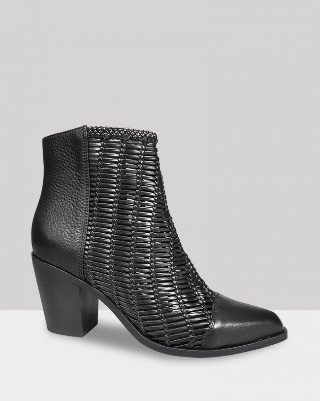 Wittner Watts Black Woven Leather Block Heel Ankle Boot