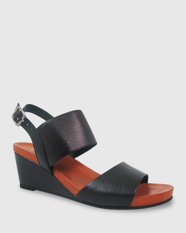 Wittner Marion Black Leather & Elastic Open Toe Wedge