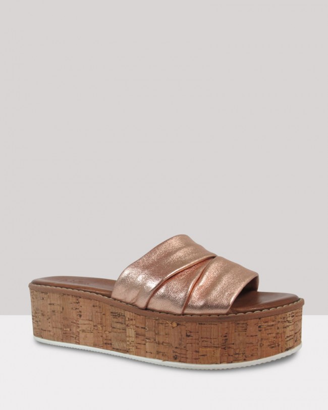 Wittner Kirri Rose Gold Leather Open Toe Cork Platform Slide
