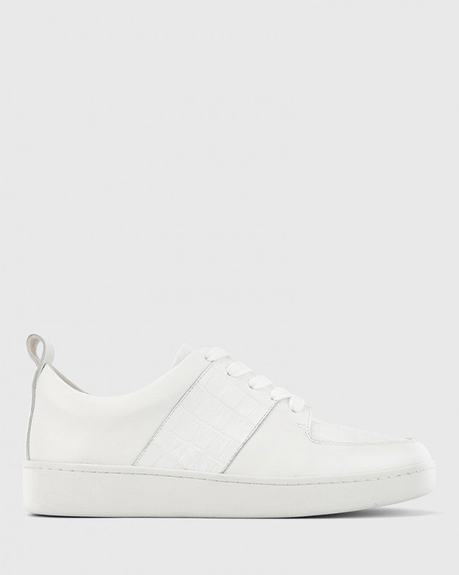 Wittner Gino White Smooth Croc Leather Lace Up Sneaker
