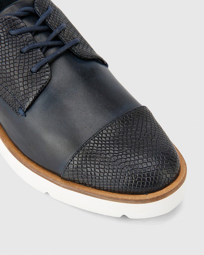 Wittner Jedd Navy Leather Embossed Toe Cap Flatform Lace Up Brogue
