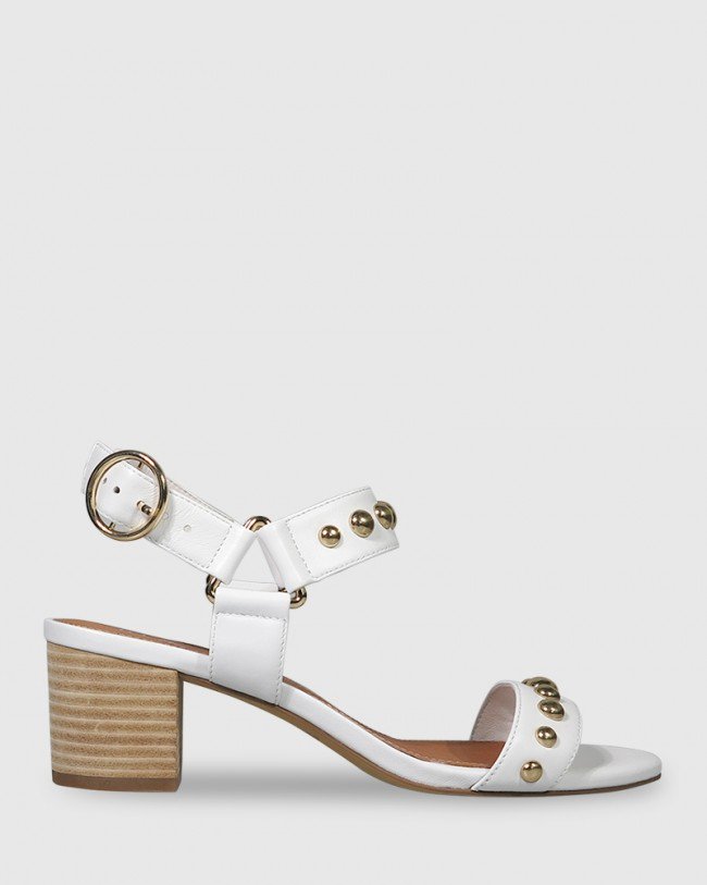 Wittner Alejandro White Leather Gold Stud Detail Block Heel Sandal