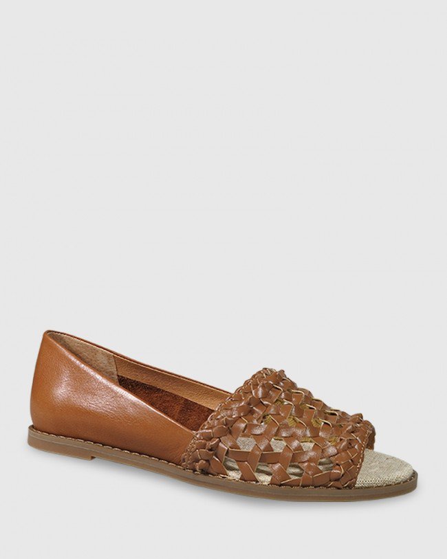 Wittner Joeey Cognac Leather Weave Detail Open Toe Flat