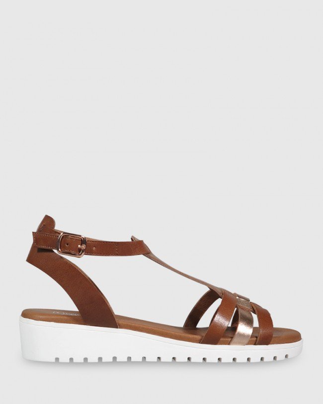 Wittner Jericho Cognac & Rose Gold Leather Wedge Sandal