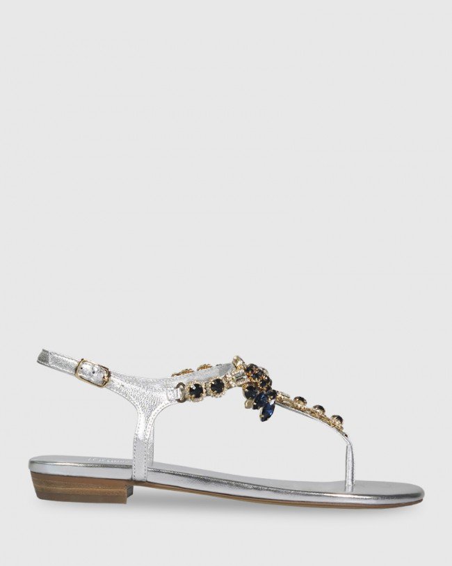 Wittner Sparkla Silver Leather Jewel Detail Flat Sandal