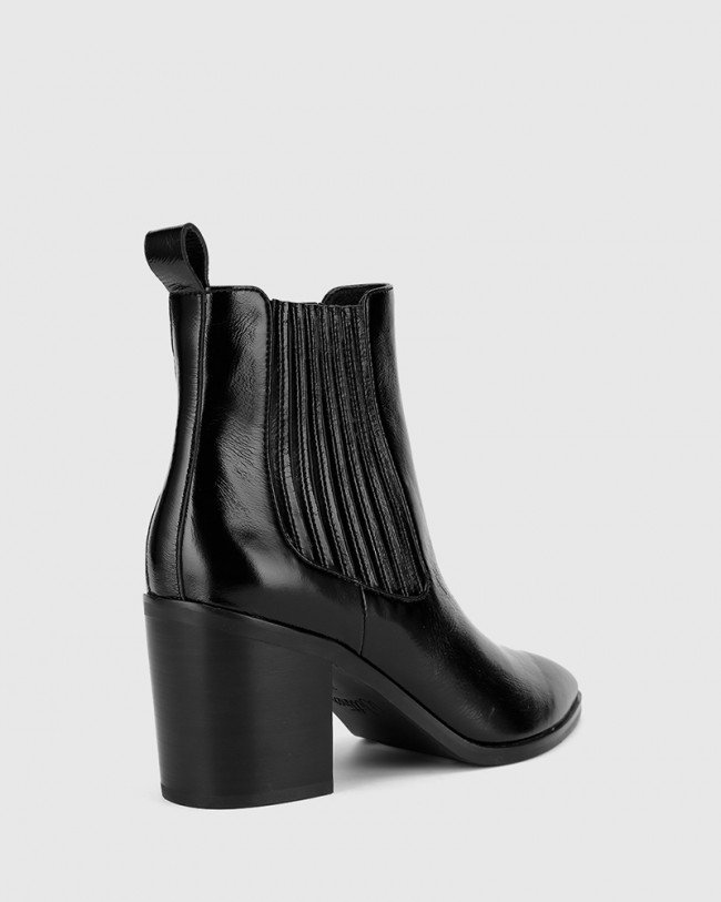 Wittner Parton Black Patent Leather Elastic Gusset Block Heel Ankle Boot