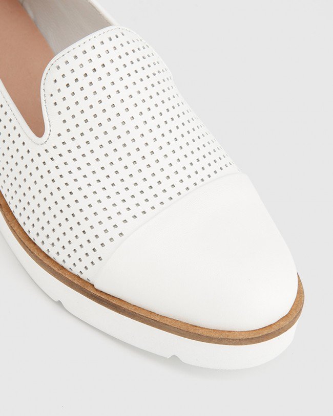 Wittner Janey White Pin Punch Leather Flatform Wedge Slip On Loafer