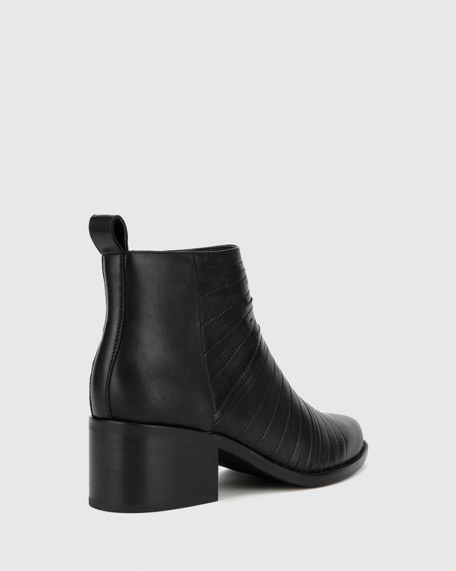 Wittner Jaylee Black Leather Almond Toe Block Heel Ankle Boot
