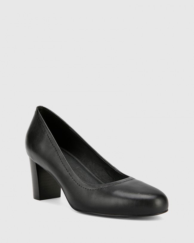 Wittner Keaton Black Leather Block Heel Almond Toe Pump