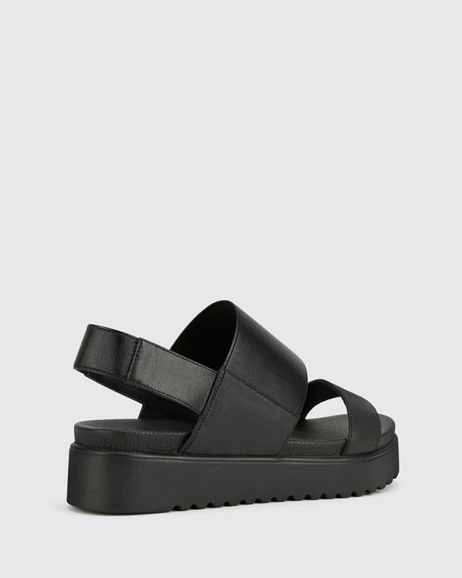 Wittner Grazia Black Leather & Elastic Flatform Sandal