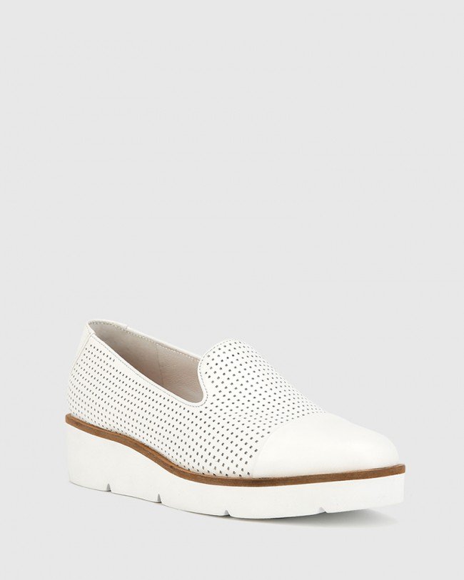 Wittner Janey White Pin Punch Leather Flatform Wedge Slip On Loafer