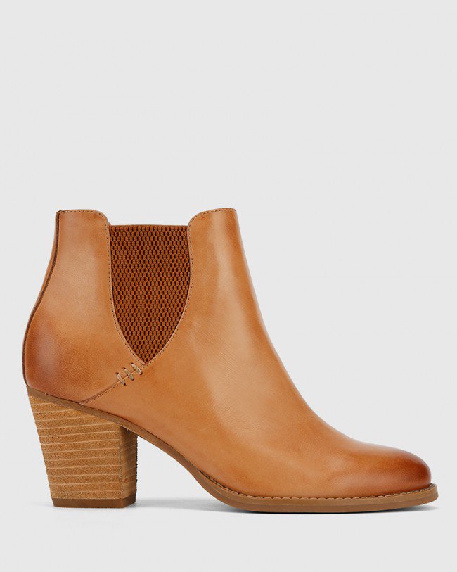 Wittner Kessie Tan Leather Round Toe Stack Heel Ankle Boot