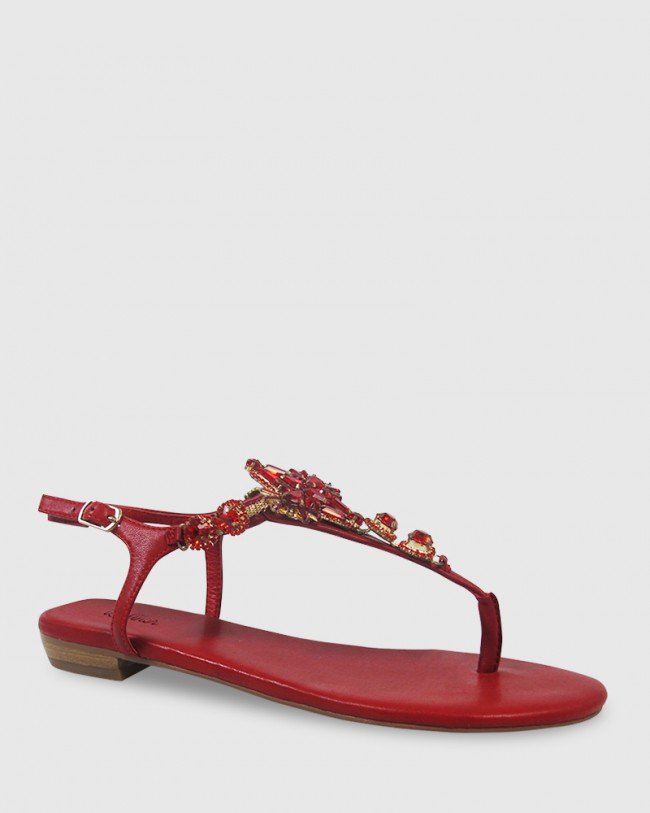 Wittner Sparkling Red Leather Jewel Detail Flat Sandal