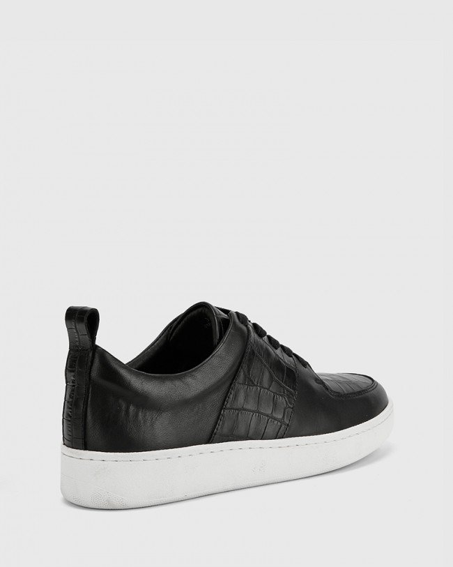 Wittner Gino Black Smooth Croc Leather Lace Up Sneaker