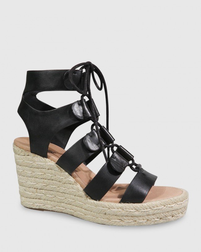 Wittner Venita Black Leather Lace Up Espadrille Style Wedge