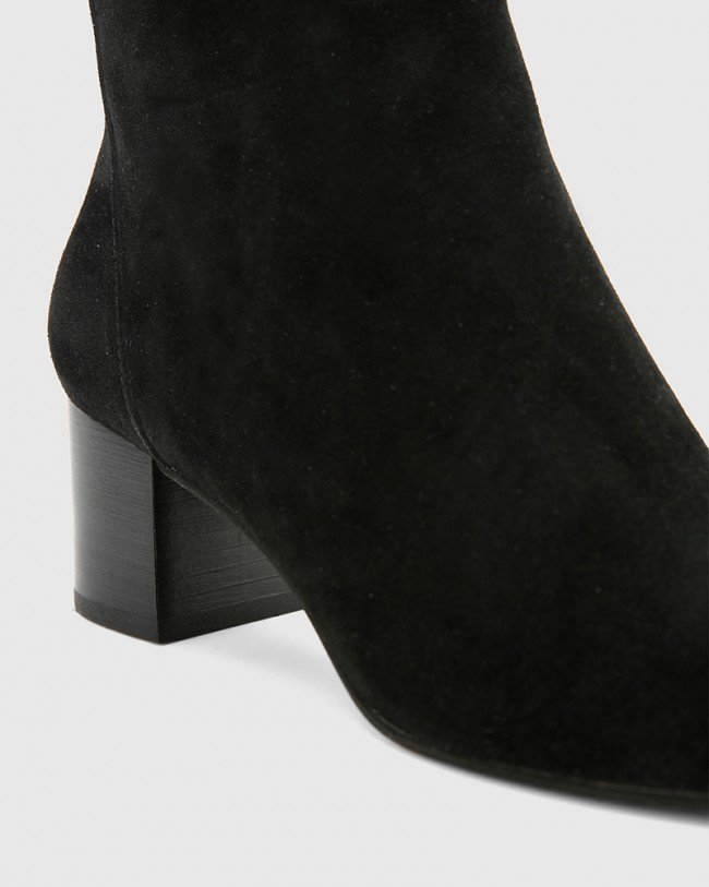 Wittner Alsen Black Suede Block Heel Almond Toe Ankle Boot