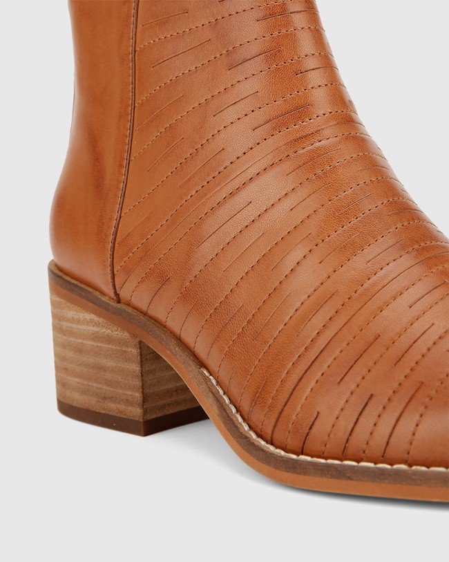 Wittner Jaylee Tan Leather Almond Toe Block Heel Ankle Boot