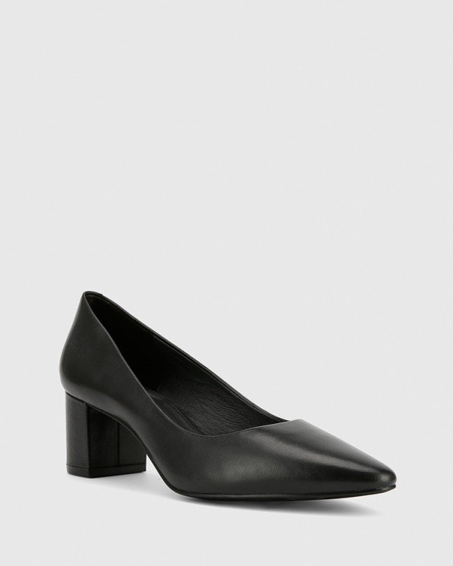 Wittner Liona Black Leather Pointed Toe Mid Heel