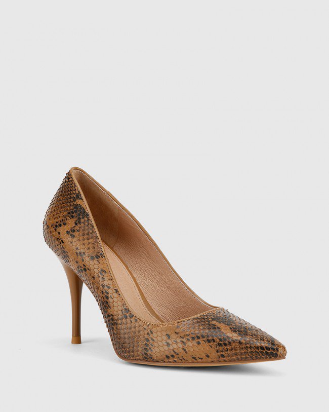 Wittner Hughes Camel Snake Print Leather Pointed Toe Stiletto Heel