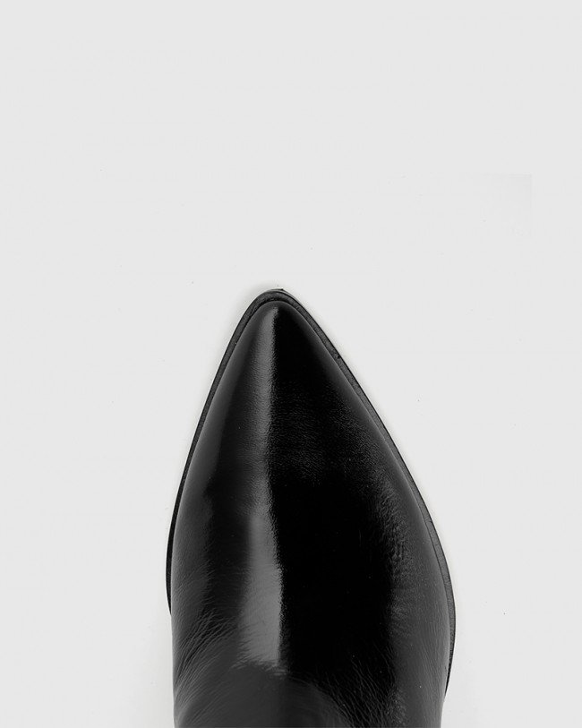 Wittner Parton Black Patent Leather Elastic Gusset Block Heel Ankle Boot