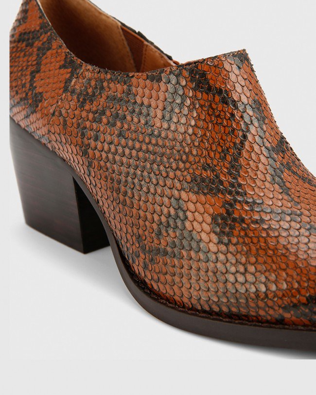 Wittner Keisha Chocolate Snake Print Leather Pointed Toe Block Heel Bootie
