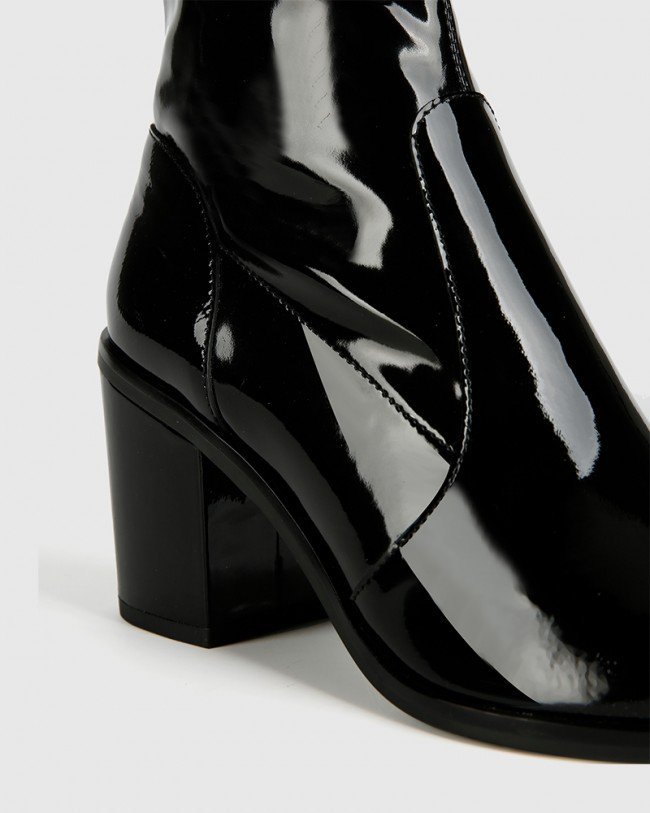 Wittner Posey Black Patent Leather Stretch Block Heel Boot