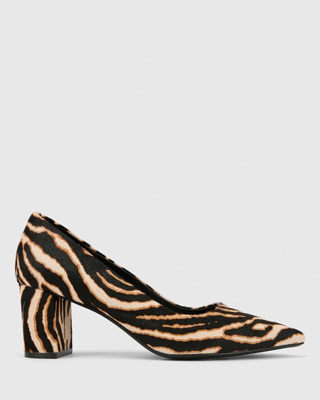 Wittner Dalena Chocolate Zebra Pony Hair Leather Block Mid Heel