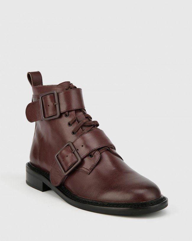 Wittner Braiden Wine Leather Double Buckle Lace Up Ankle Boot