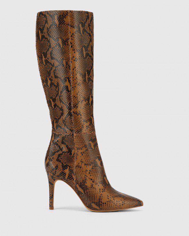 Wittner Hallow Brown Snake Printed Leather Pointed Toe Stiletto Heel Long Boot
