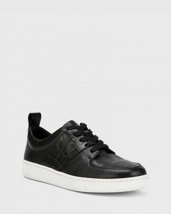Wittner Gino Black Smooth Croc Leather Lace Up Sneaker