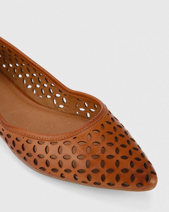 Wittner Prue Cognac Leather Perforated Pointed Toe Flat