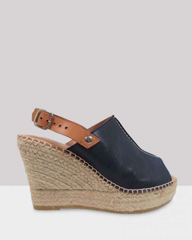 Wittner Umberto Navy Leather Peep Toe Espadrille Wedge