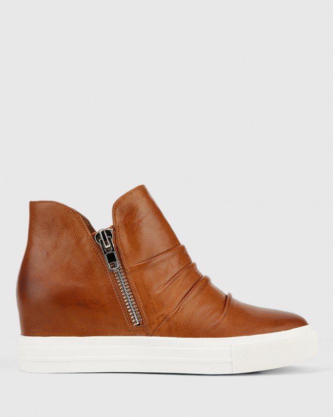 Wittner Savino Tan Leather Zip Concealed Wedge High Top Sneaker