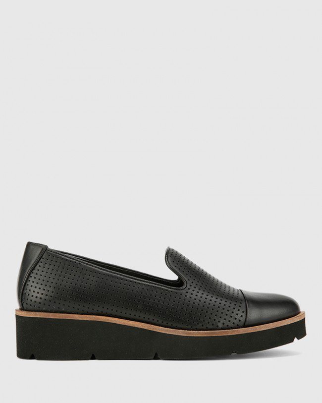 Wittner Janey Black Pin Punch Leather Flatform Wedge Slip On Loafer