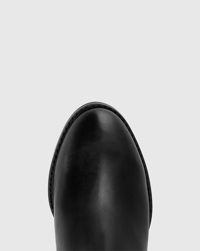 Wittner Kessie Black Leather Round Toe Stack Heel Ankle Boot