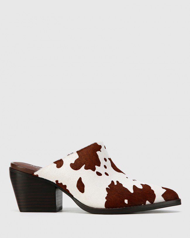 Wittner Kasey Cow Print Hair On Leather Block Heel Mule