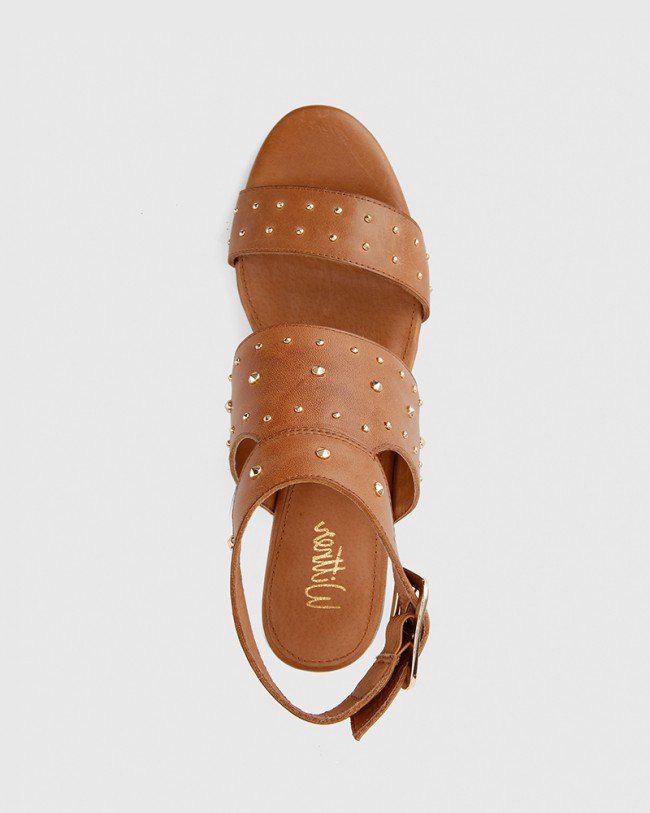 Wittner Alexandre Tan Leather Gold Stud Block Heel Sandal