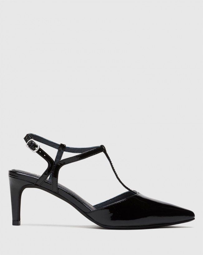 Wittner Devin Black Patent Pointed Toe Mid Heel