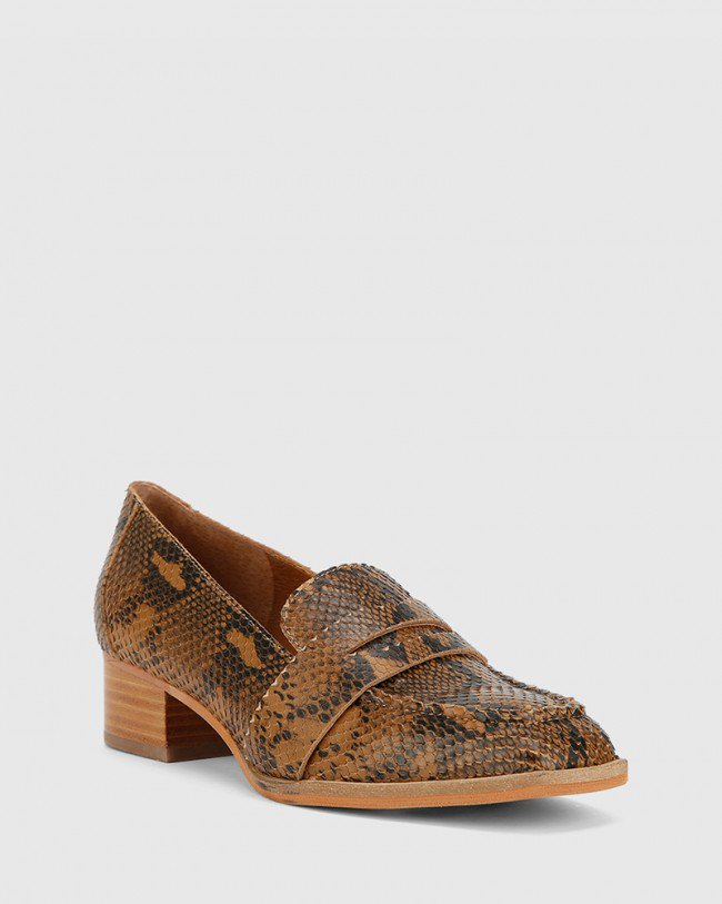 Wittner Fentis Camel Snake Print Leather Block Heel Square Toe