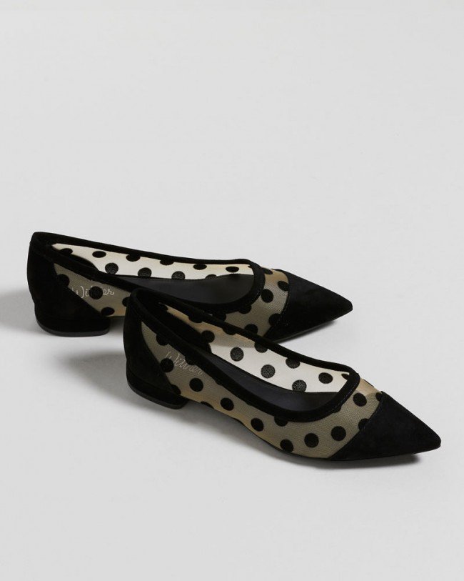Wittner Malone Black Suede Polka Dot Mesh Pointed Flat
