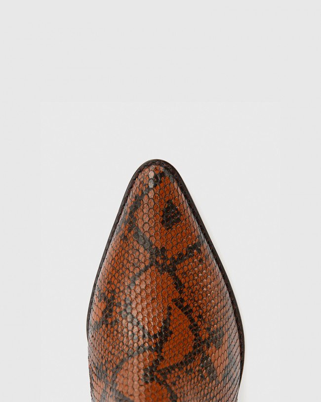 Wittner Keisha Chocolate Snake Print Leather Pointed Toe Block Heel Bootie