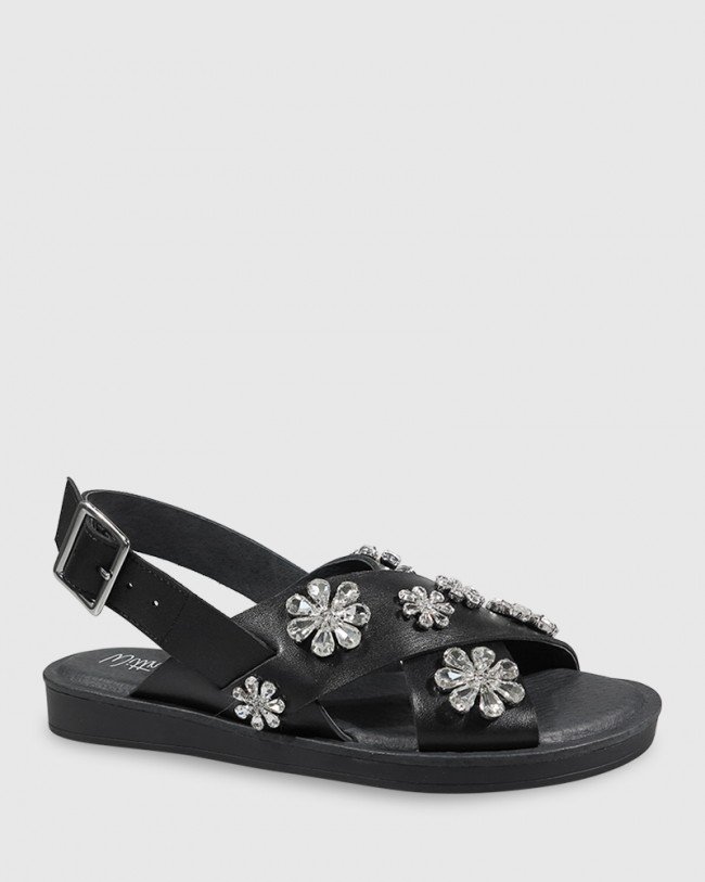 Wittner Elanna Black Leather Diamonte Flower Detail Flat Sandal