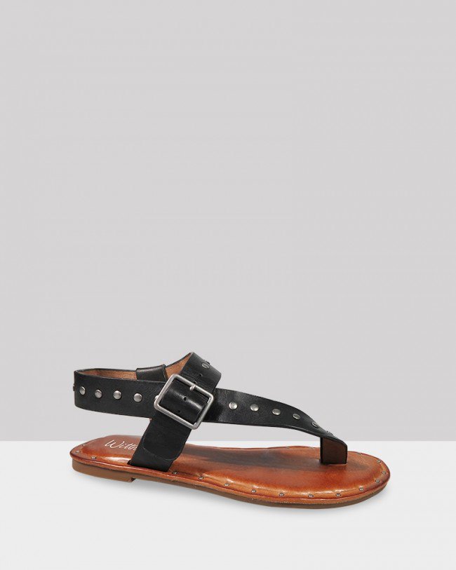 Wittner Flint Black Leather Stud Flat Sandal